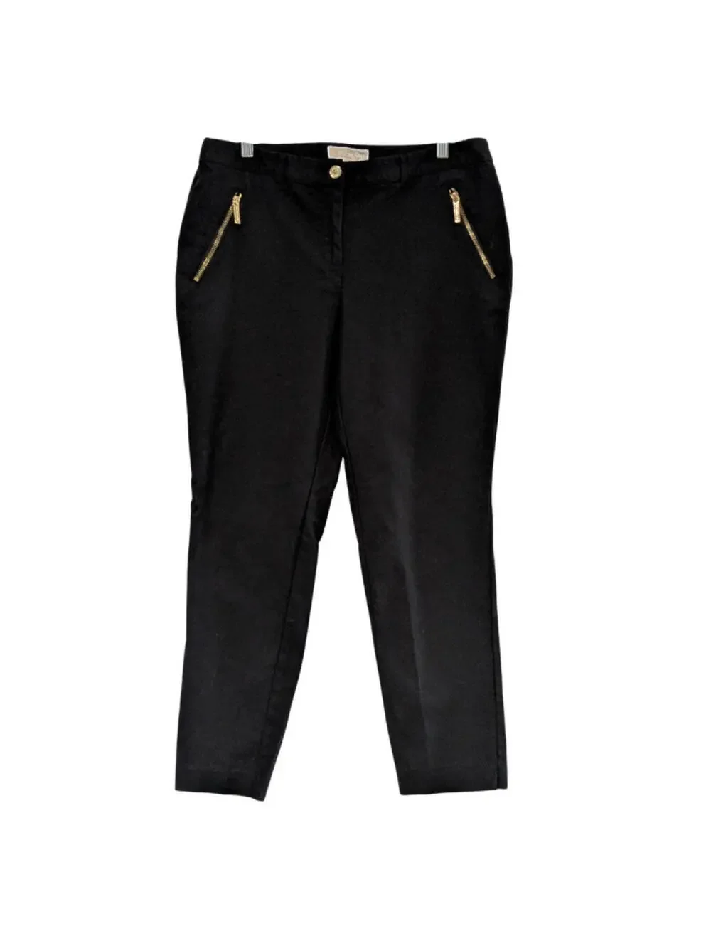 Michael Kors Women's Chino Pants Gold Zipper Pockets Black Size 12, Cotton Blend